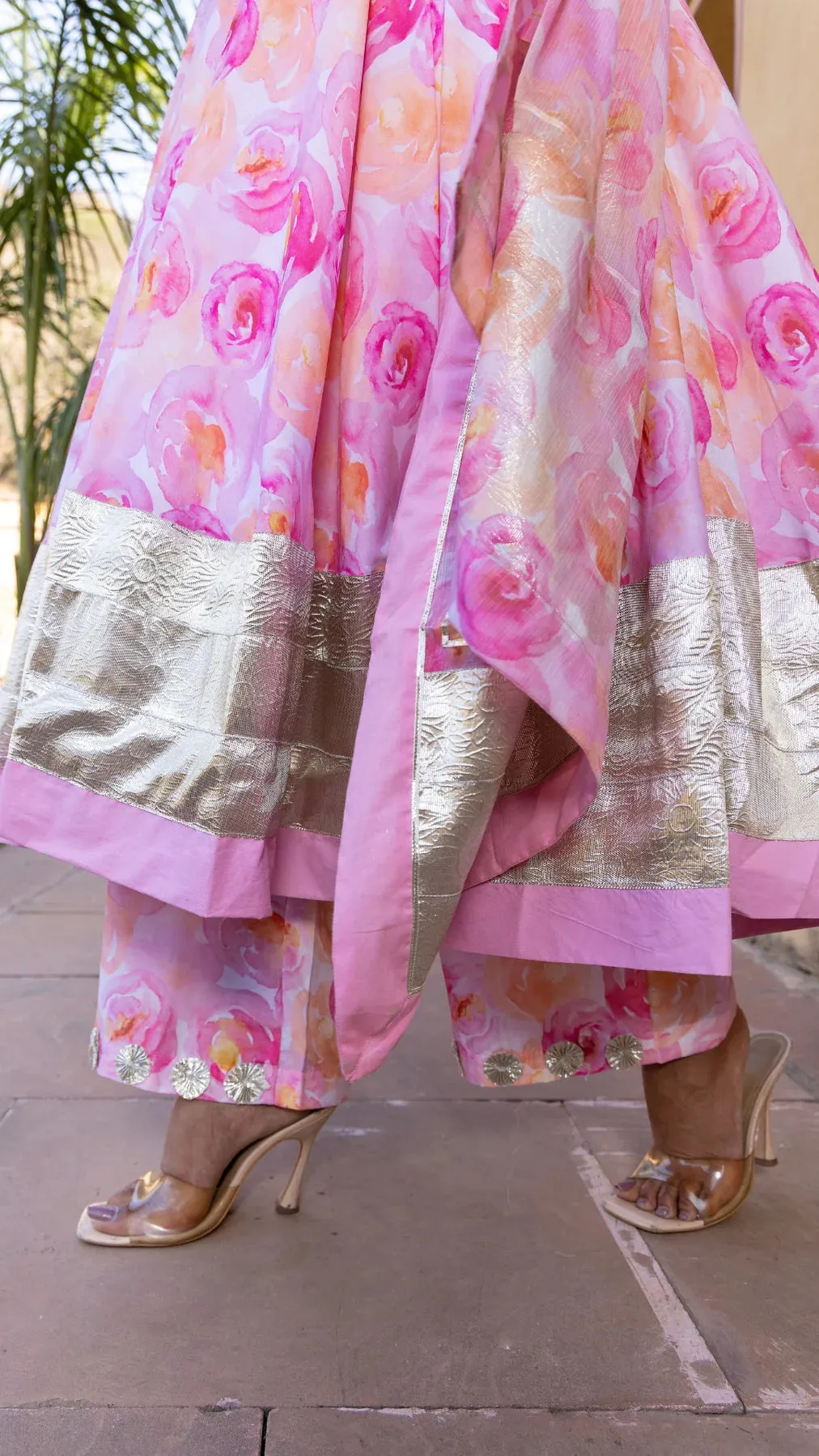 Muslin Pink Floral Print Anarkali Set with Chiffon Dupatta