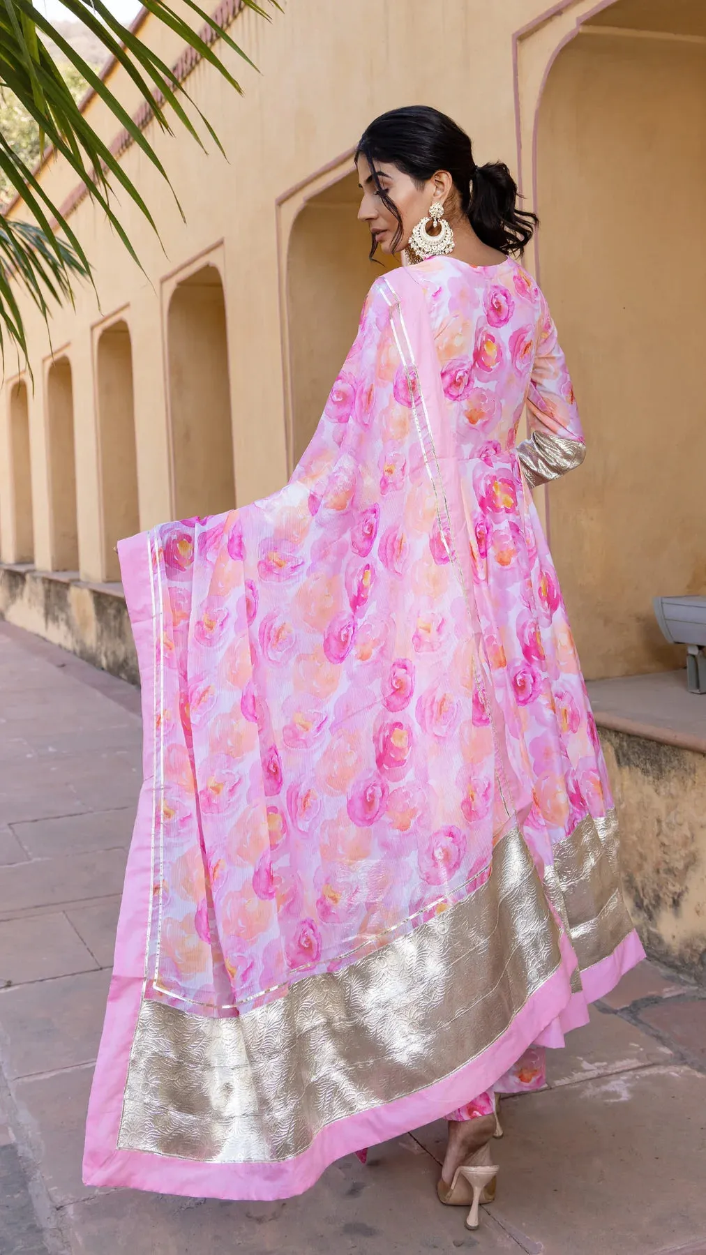 Muslin Pink Floral Print Anarkali Set with Chiffon Dupatta