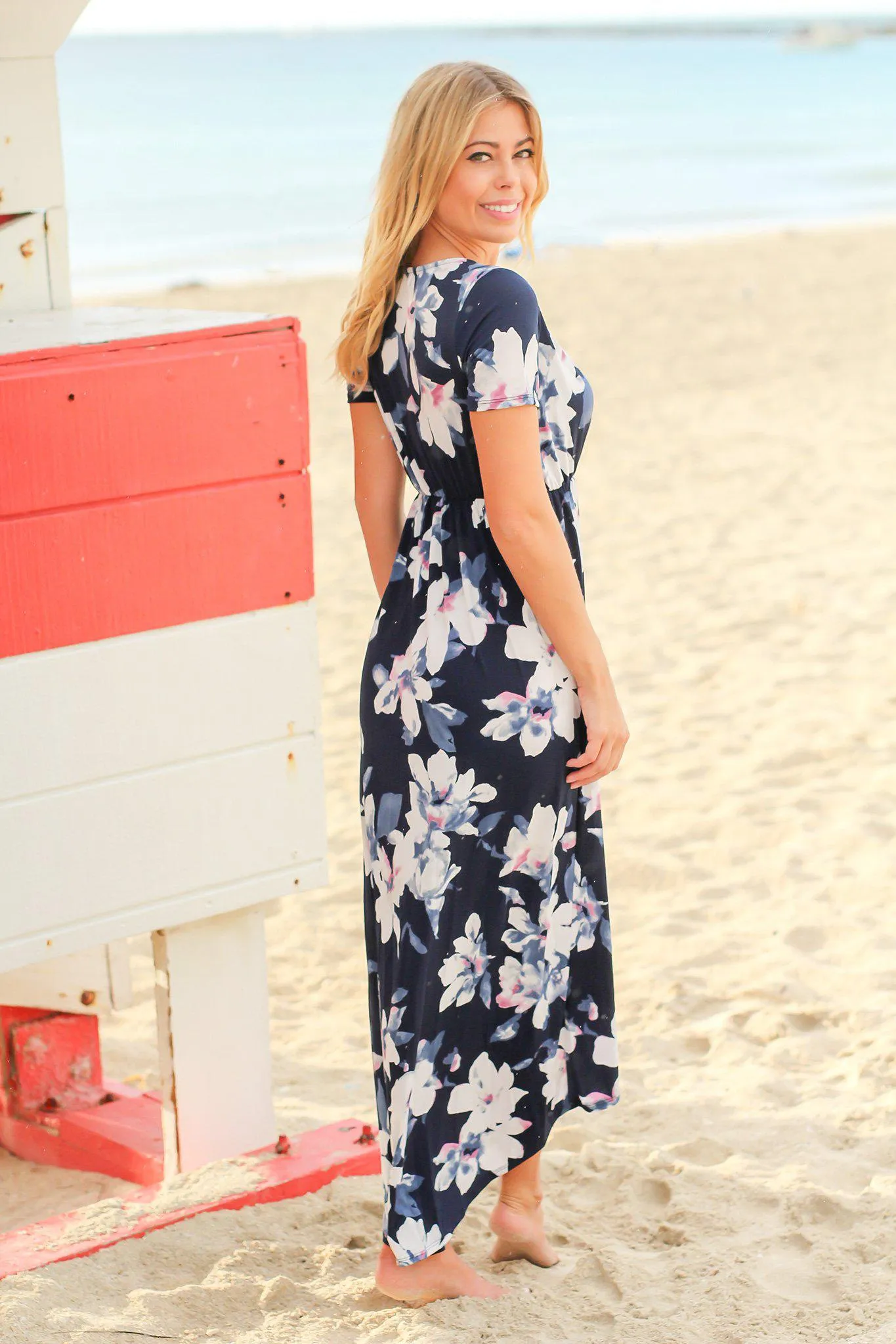 Navy Floral High Low Dress with Short Sleeves