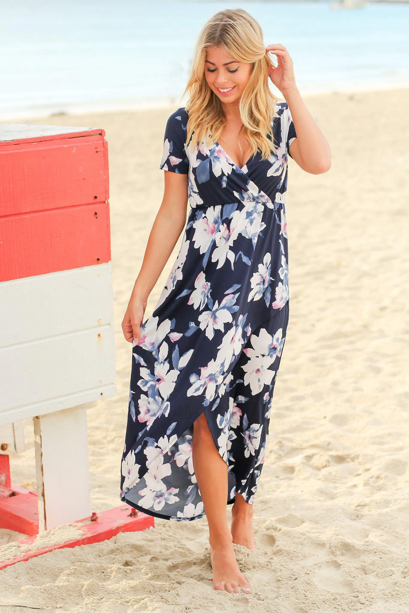 Navy Floral High Low Dress with Short Sleeves