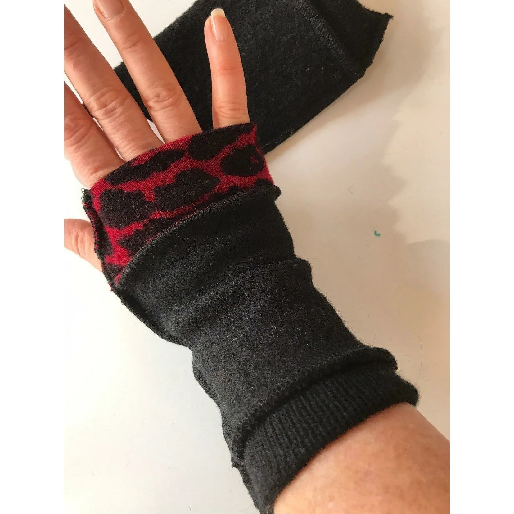 New and Upcycled Recycled sweater texting fingerless gloves with thumb guards in blacks