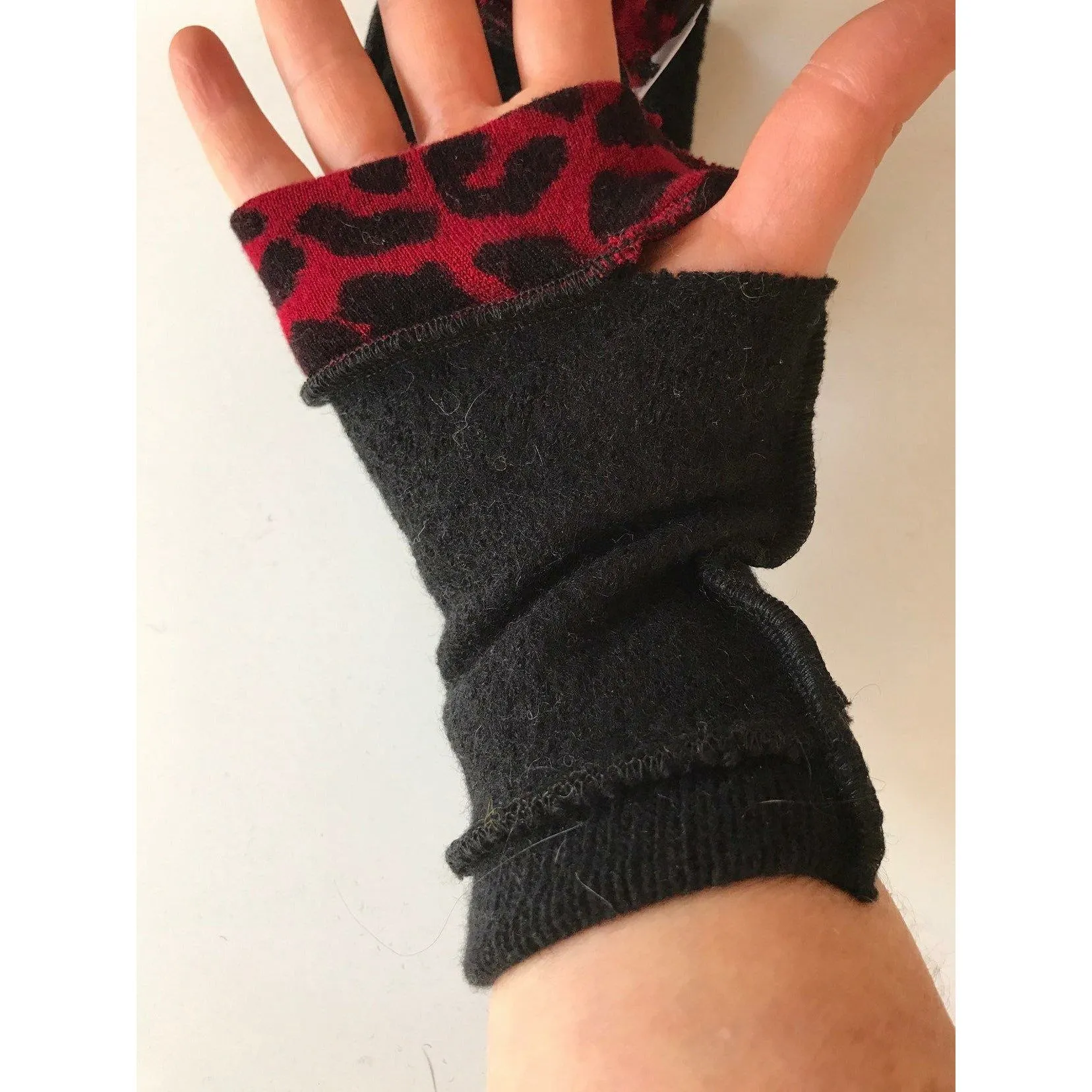 New and Upcycled Recycled sweater texting fingerless gloves with thumb guards in blacks