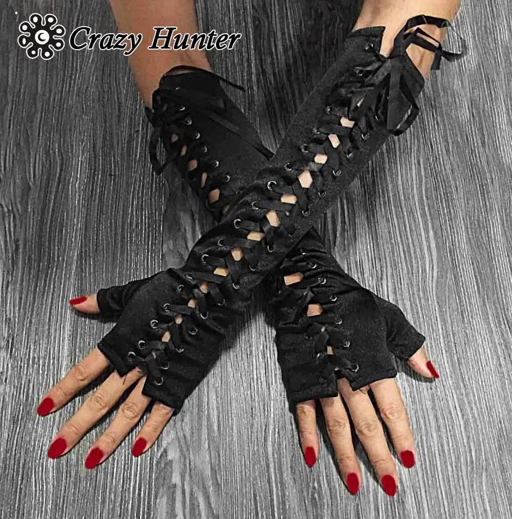 New Womens Long Sexy Steampunk Gothic Biker Lace-Up Corset Arm Fingerless Gloves