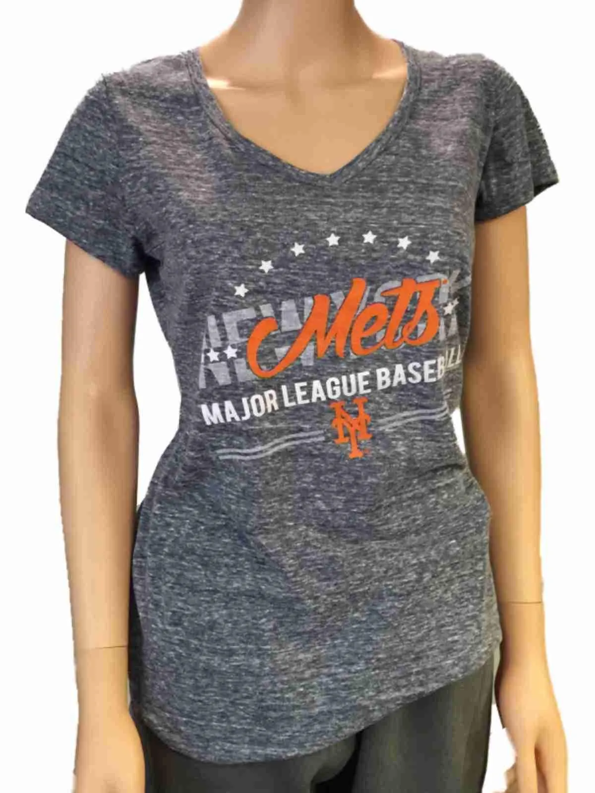 New York Mets SAAG Women Navy Loose Soft Baseball V-Neck T-Shirt