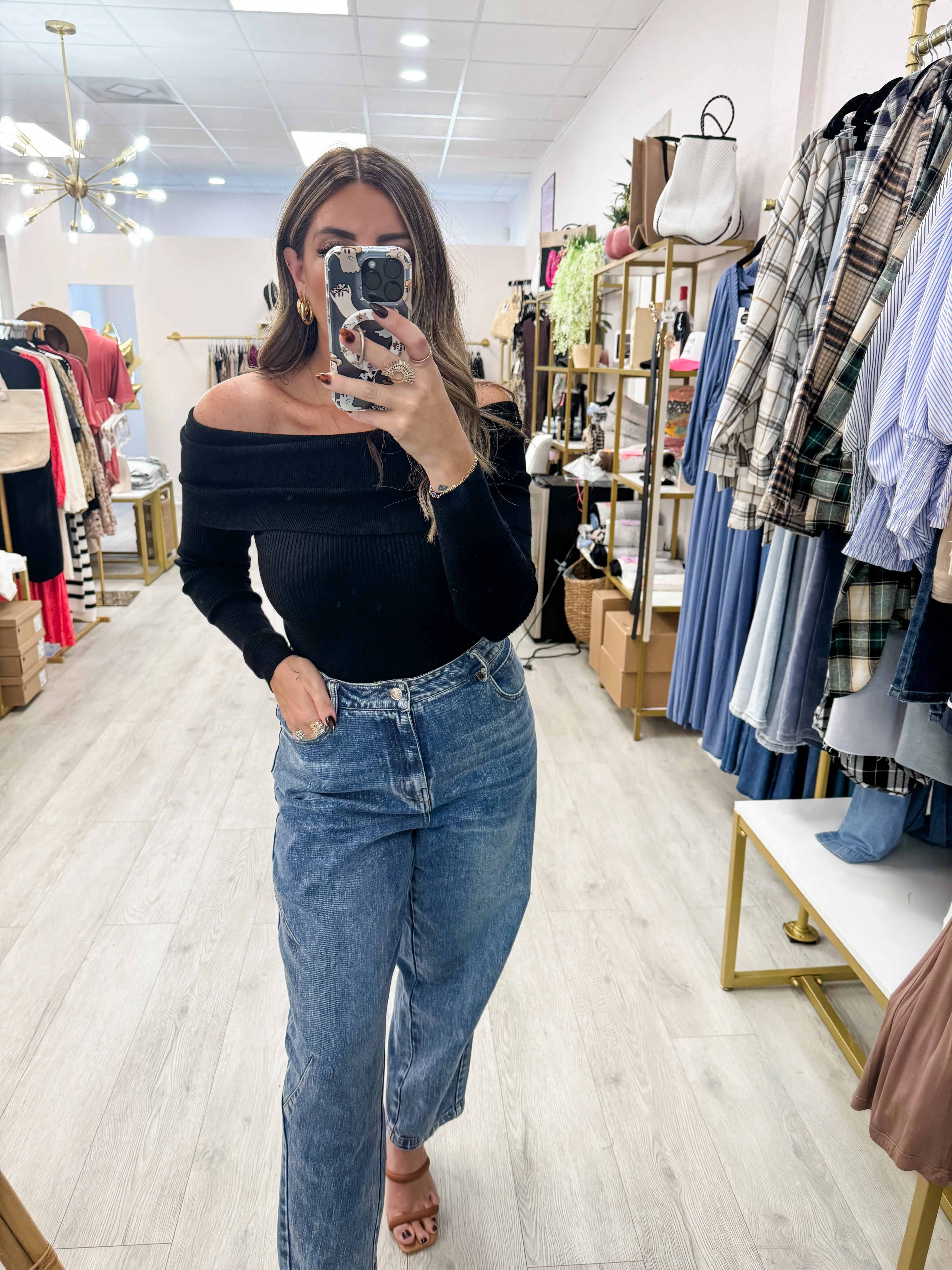 Off Shoulder Ribbed Knit Top