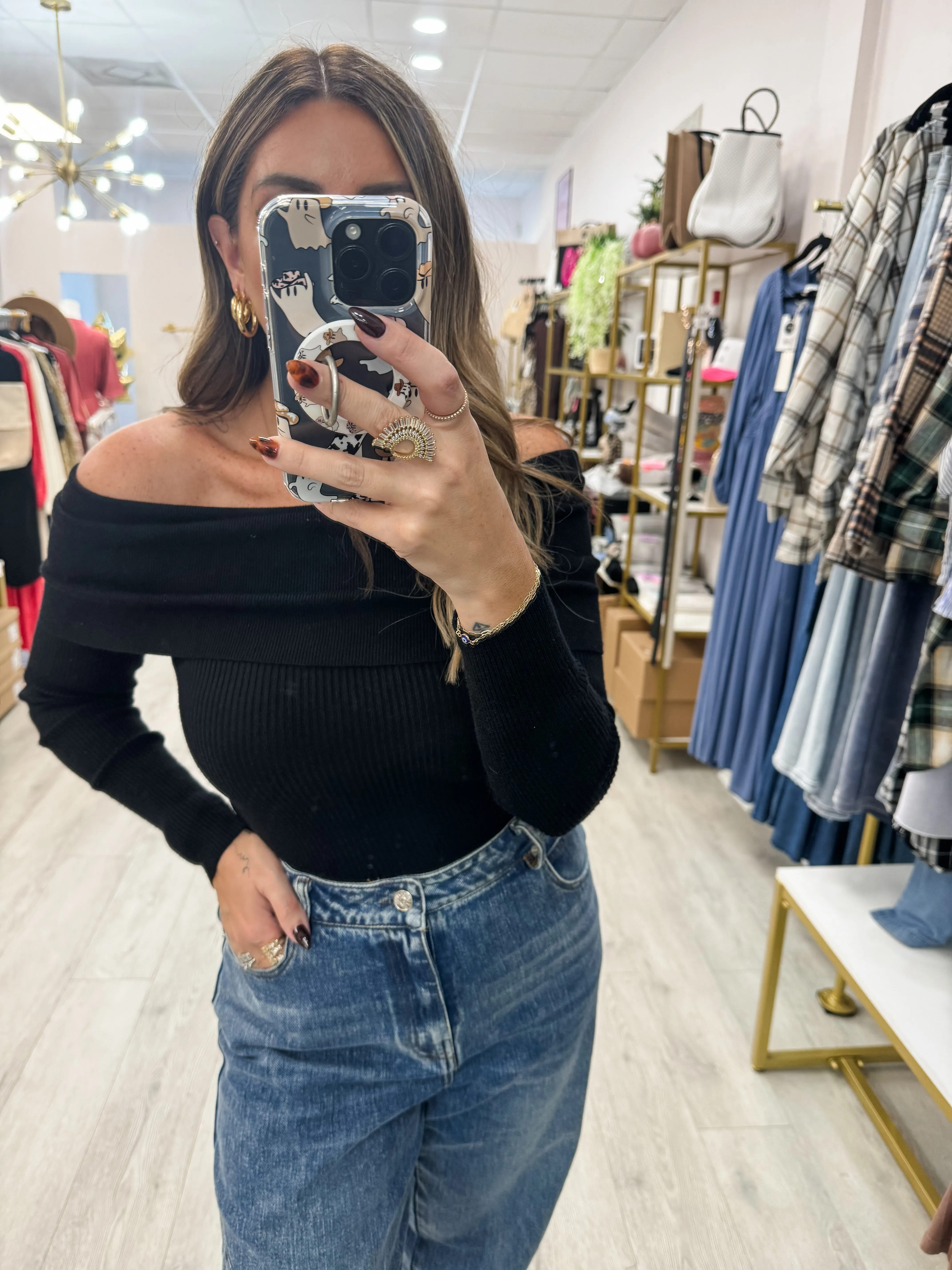 Off Shoulder Ribbed Knit Top