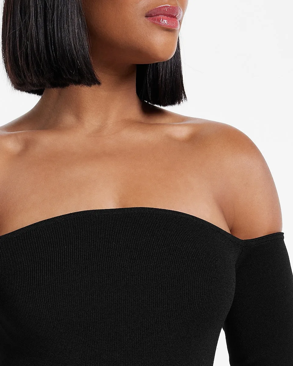 Off The Shoulder Long Sleeve Side Slit Midi Sweater Dress in Pitch Black