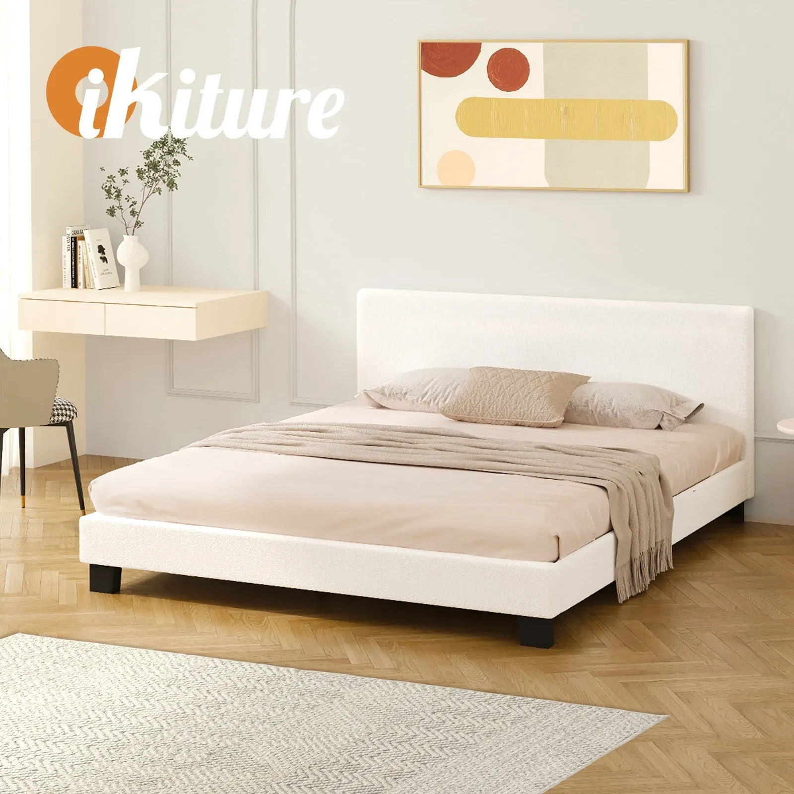 Oikiture Bed Frame Double Size Mattress Base Boucle Fabric Platform Wooden Slats