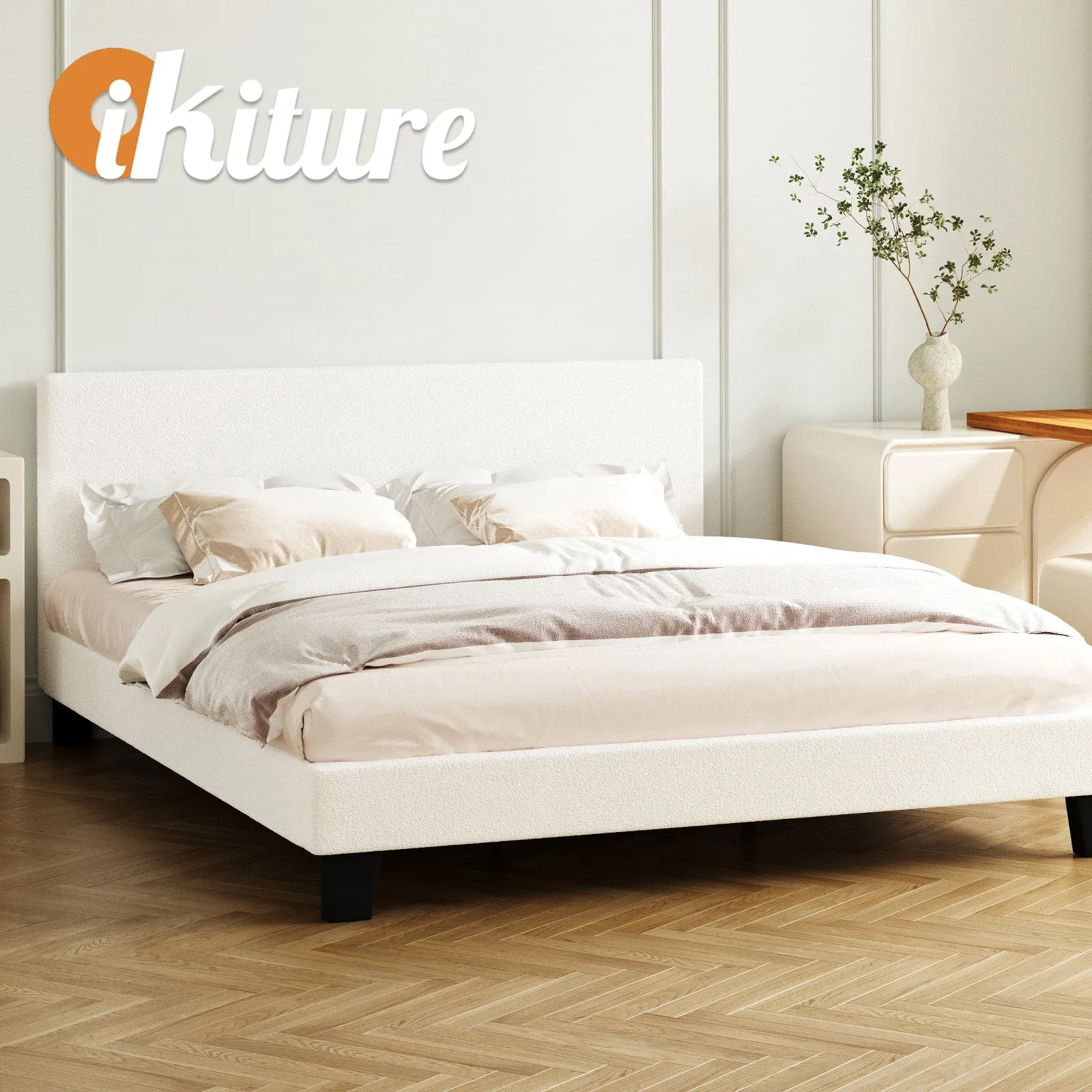 Oikiture Bed Frame Double Size Mattress Base Boucle Fabric Platform Wooden Slats