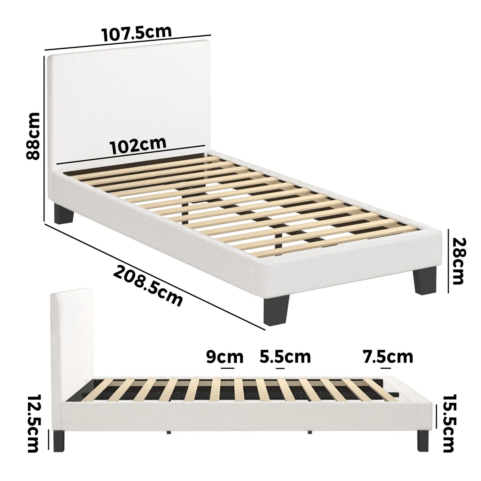 Oikiture Bed Frame King Single Size Mattress Base Boucle Fabric Platform Wooden