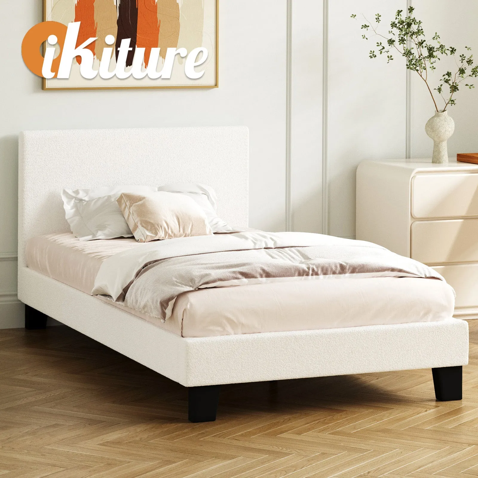 Oikiture Bed Frame King Single Size Mattress Base Boucle Fabric Platform Wooden