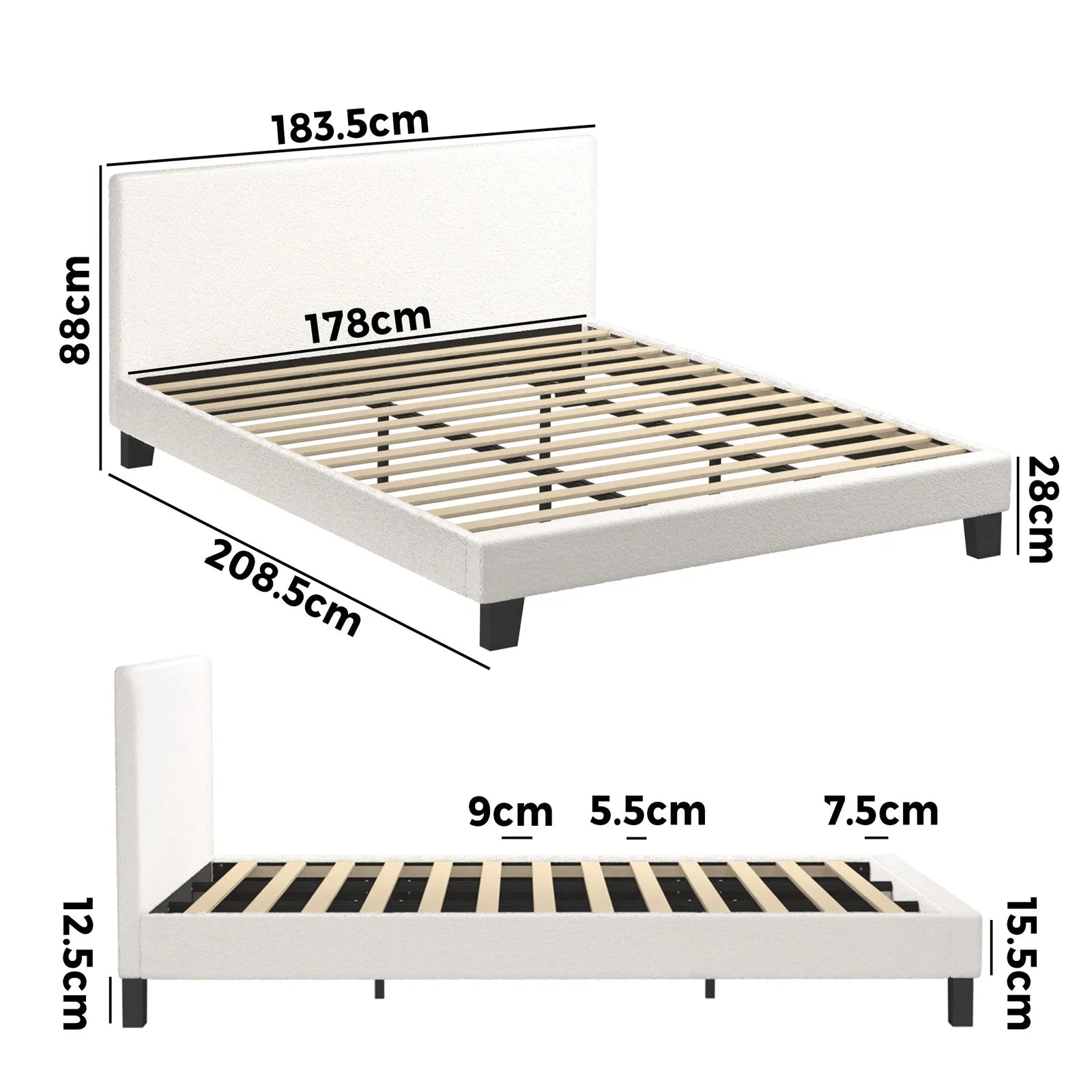 Oikiture Bed Frame King Size Mattress Base Boucle Fabric Platform Wooden Slats