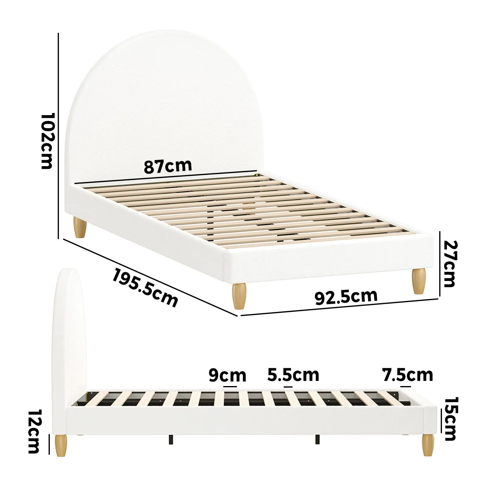 Oikiture Bed Frame Single Size Boucle Fabric Arched Beds Platform