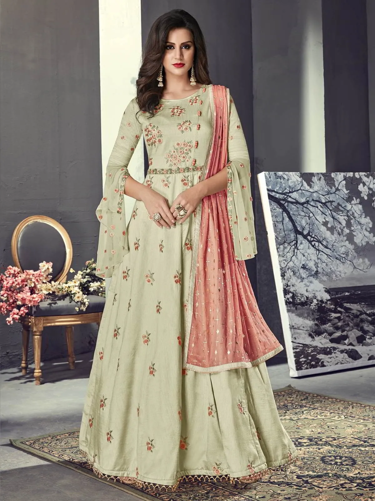 Olive Green And Peach Embroidered Silk Anarkali Suit