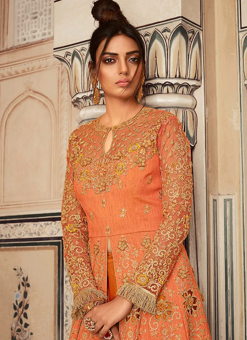 Orange Embroidered Anarkali Lehenga/Pant Suit