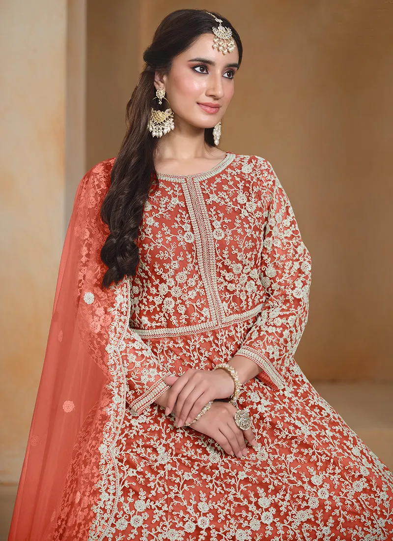 Orange Embroidery Festive Anarkali Suit