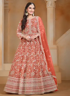 Orange Embroidery Festive Anarkali Suit