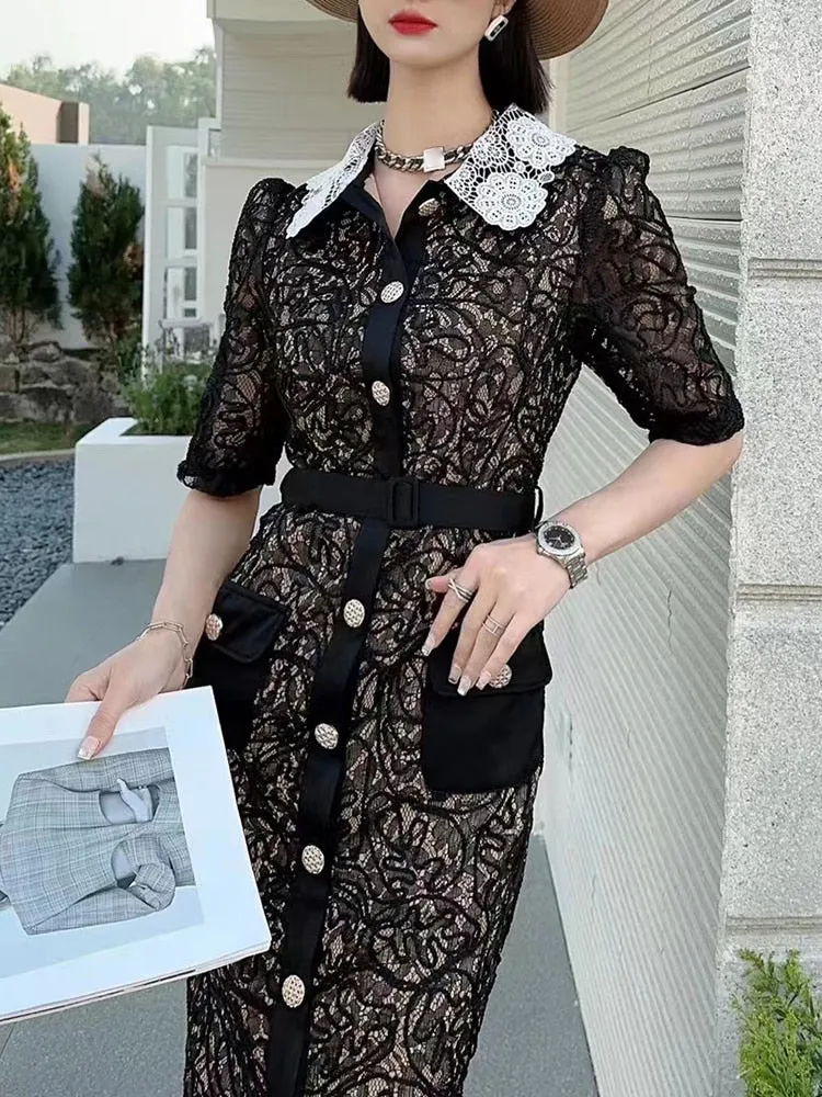 Patchwork Button Lace Dresses For Women Lapel Short Sleeve High Waist Tunic Slimming Elegant Dress Female Fashion