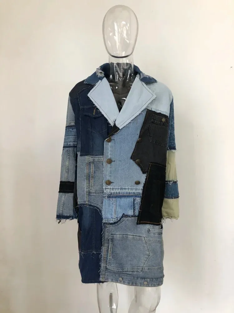 Patchwork Denim Ripped Long Coat