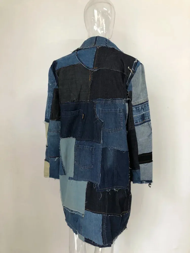 Patchwork Denim Ripped Long Coat