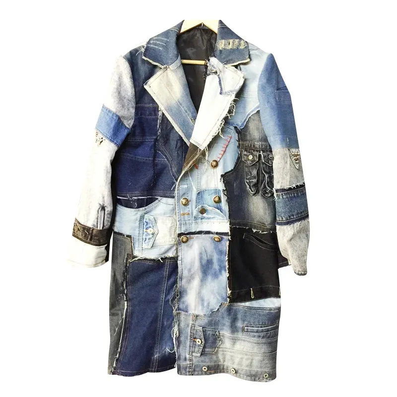 Patchwork Denim Ripped Long Coat