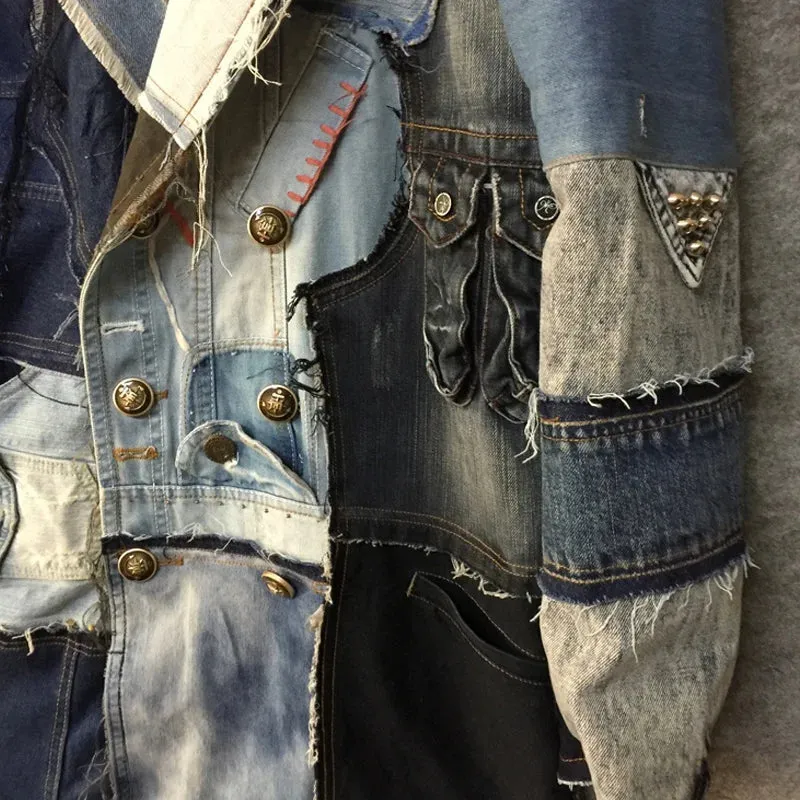 Patchwork Denim Ripped Long Coat