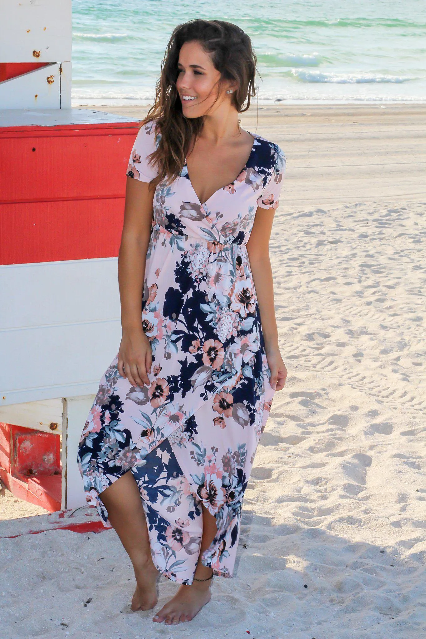 Peach and Navy Floral High Low Dress