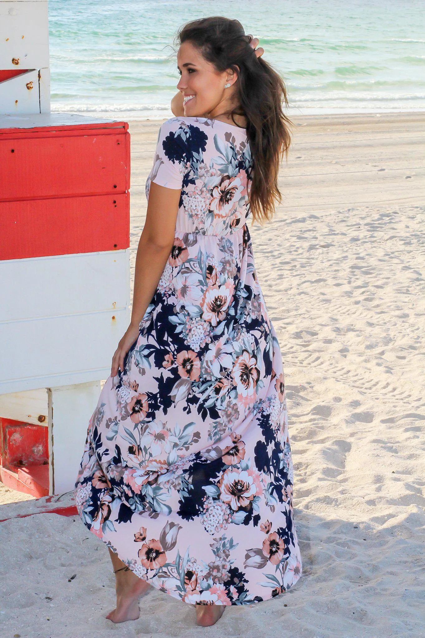 Peach and Navy Floral High Low Dress