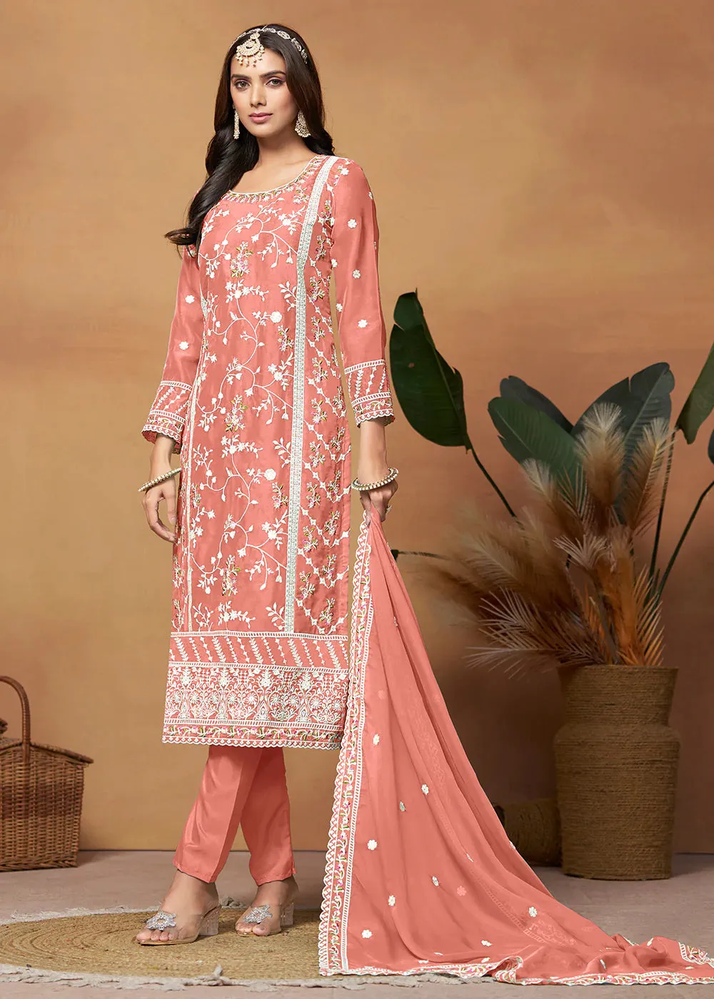 Peach Organza Embroidered Suit Set with Dupatta