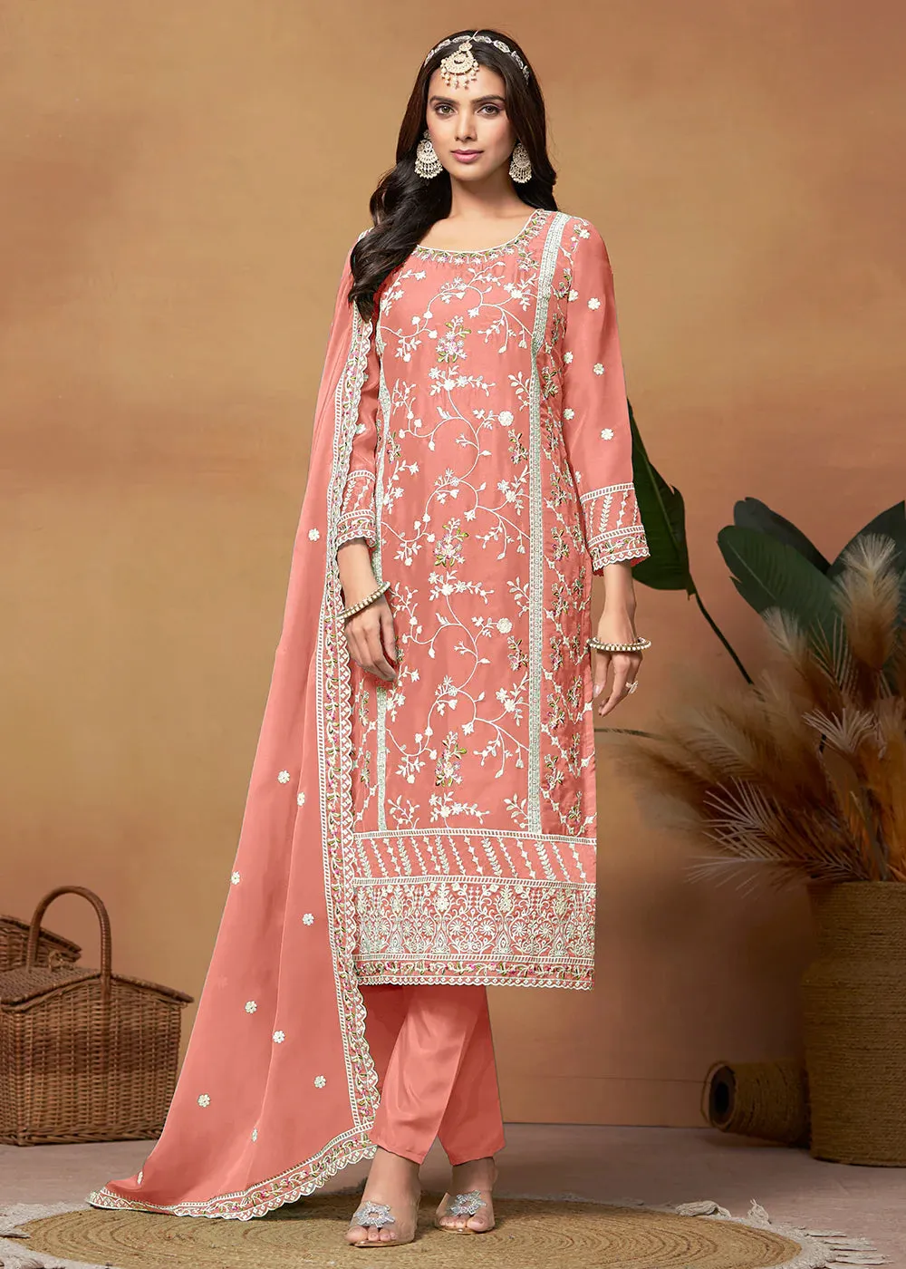 Peach Organza Embroidered Suit Set with Dupatta