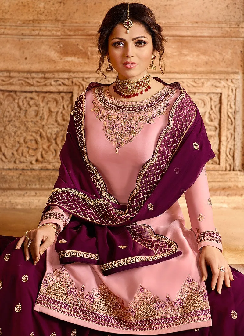 Pink And Plum Dual Bottom Lehenga/Pant Kurti Set