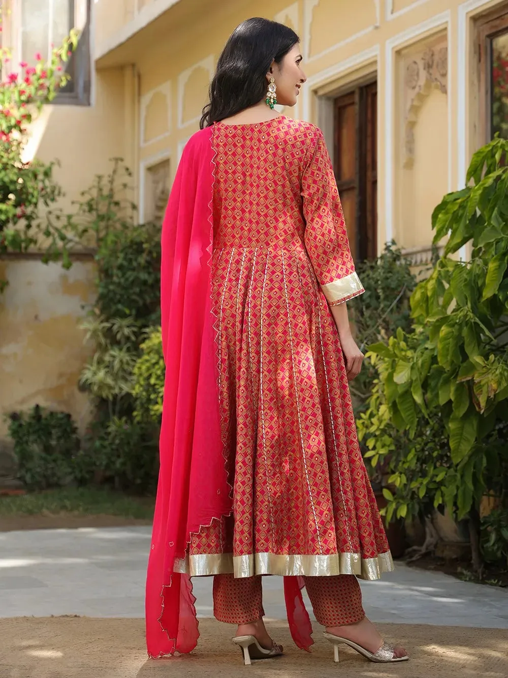 Pink Chanderi Printed & Hand Embroidered Anarkali Suit Set with Organza Dupatta