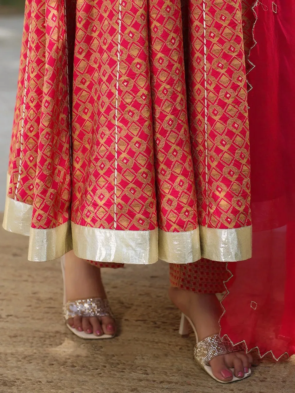 Pink Chanderi Printed & Hand Embroidered Anarkali Suit Set with Organza Dupatta