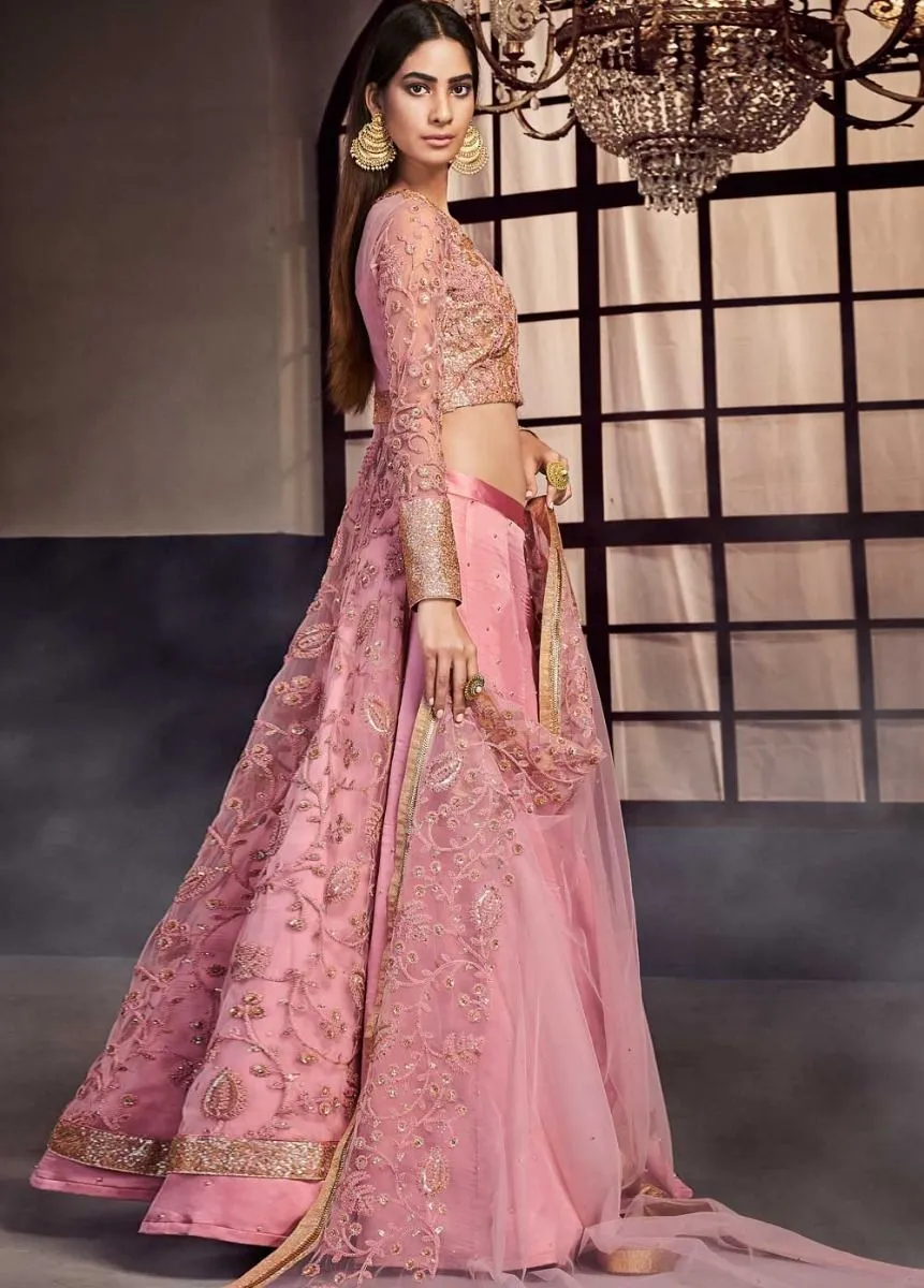 Pink Designer Embroidered Lehenga Style Suit