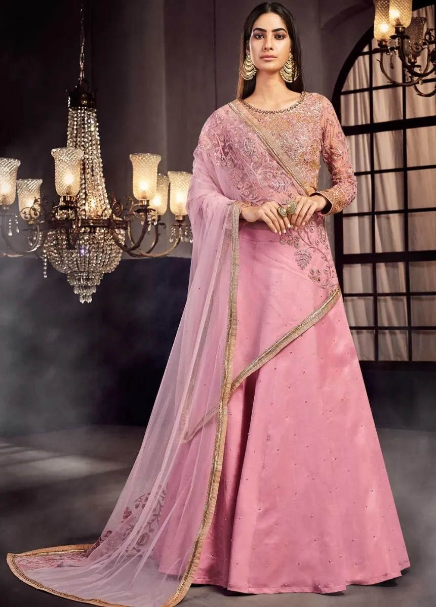 Pink Designer Embroidered Lehenga Style Suit