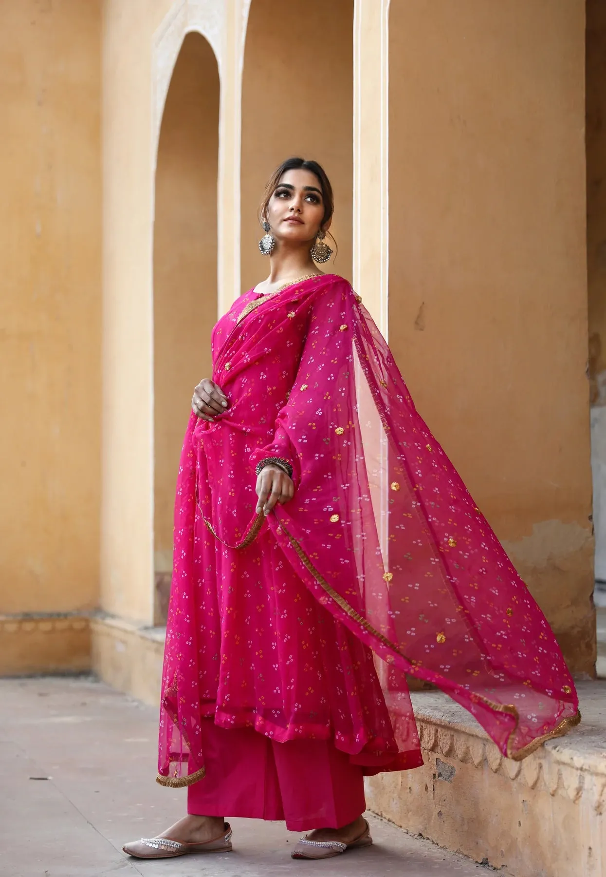 Pink Georgette Printed Kurta Palazzo Set