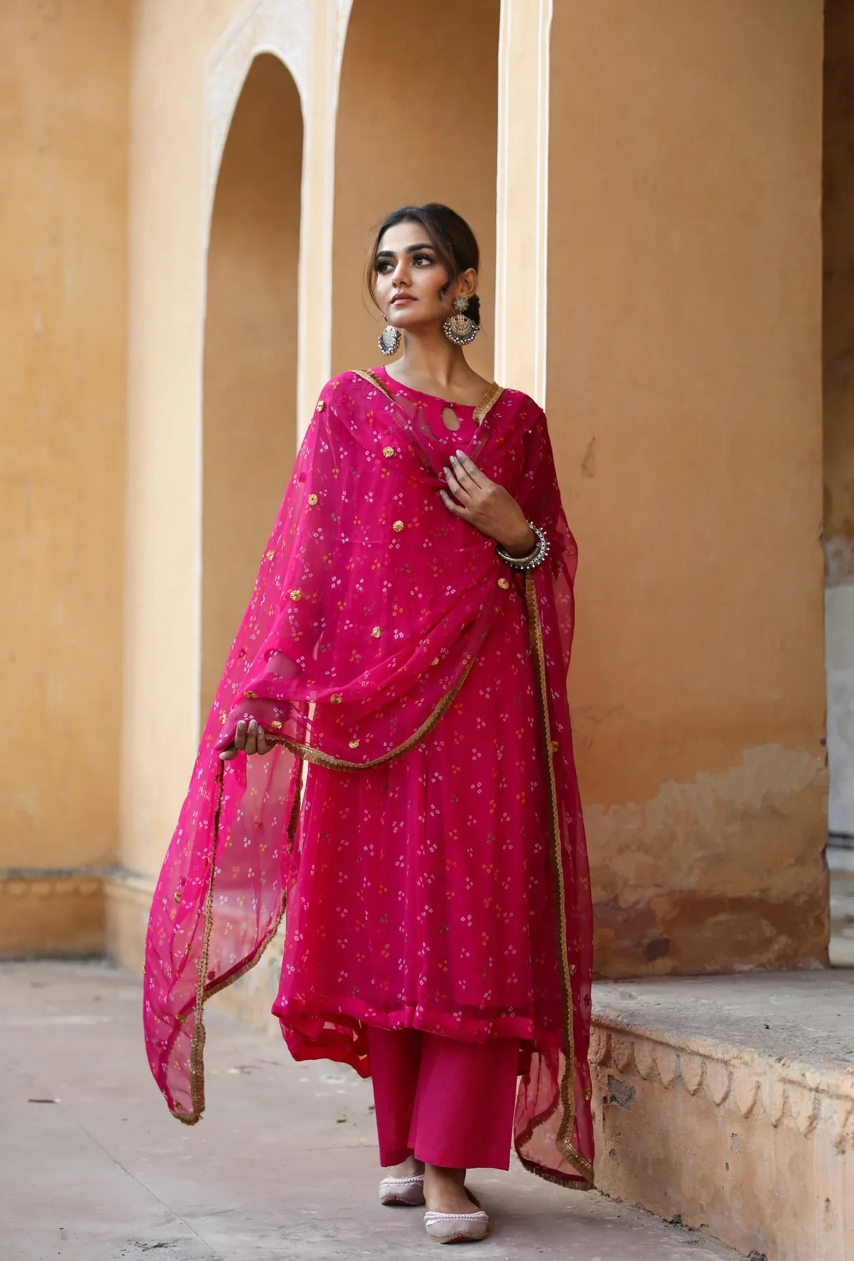 Pink Georgette Printed Kurta Palazzo Set