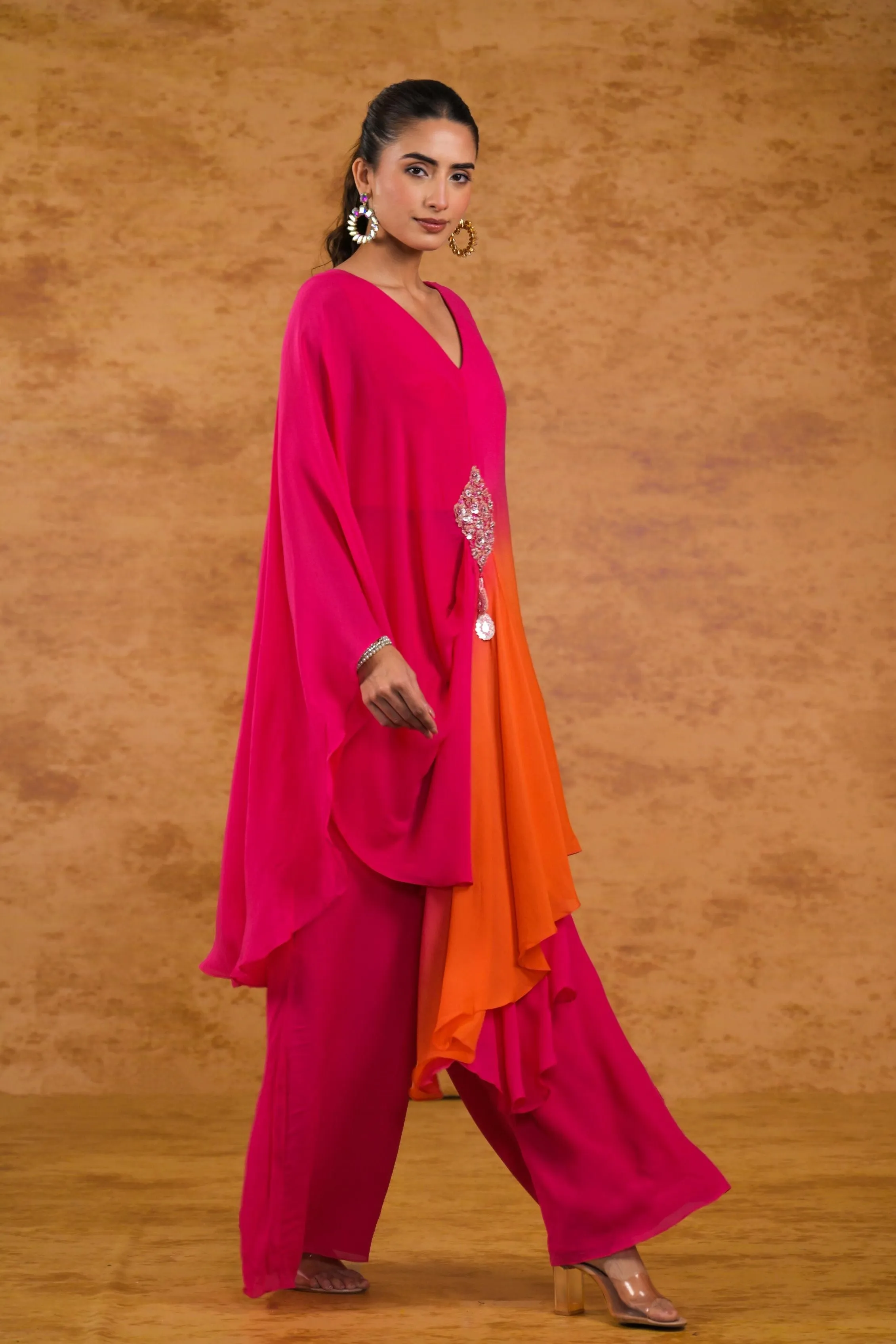 Pink Ombre-Dyed Georgette Silk Kaftan Set