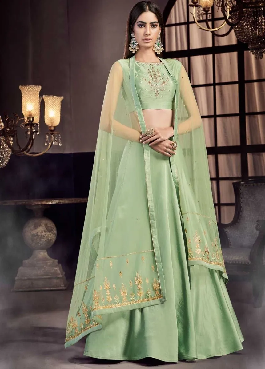 Pista Green Embroidered Anarkali Lehenga/Pant Suit