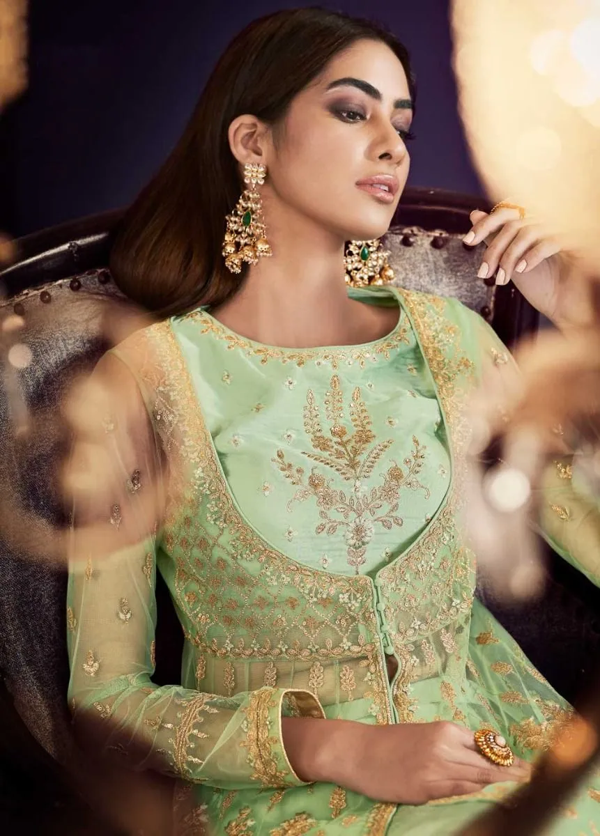 Pista Green Embroidered Anarkali Lehenga/Pant Suit