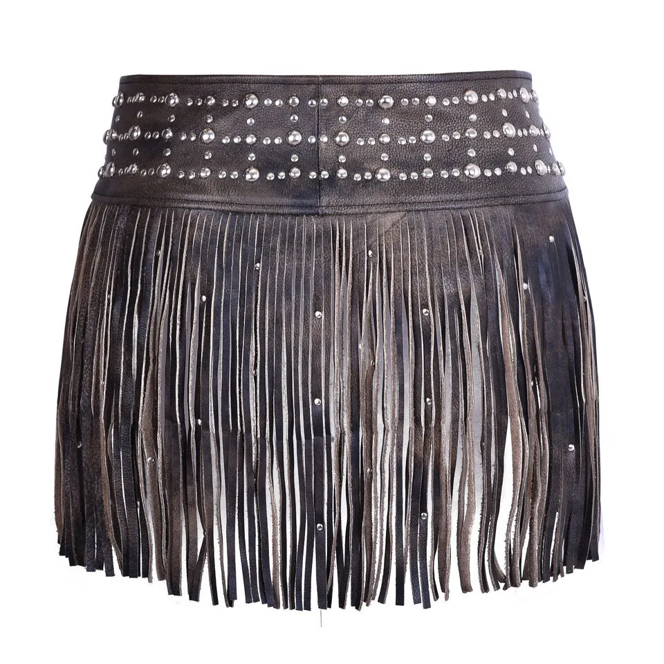 PL90260FRINGE Women Leather Tassel Hip Belt for Vintage BROWN Western Design Waist Belt