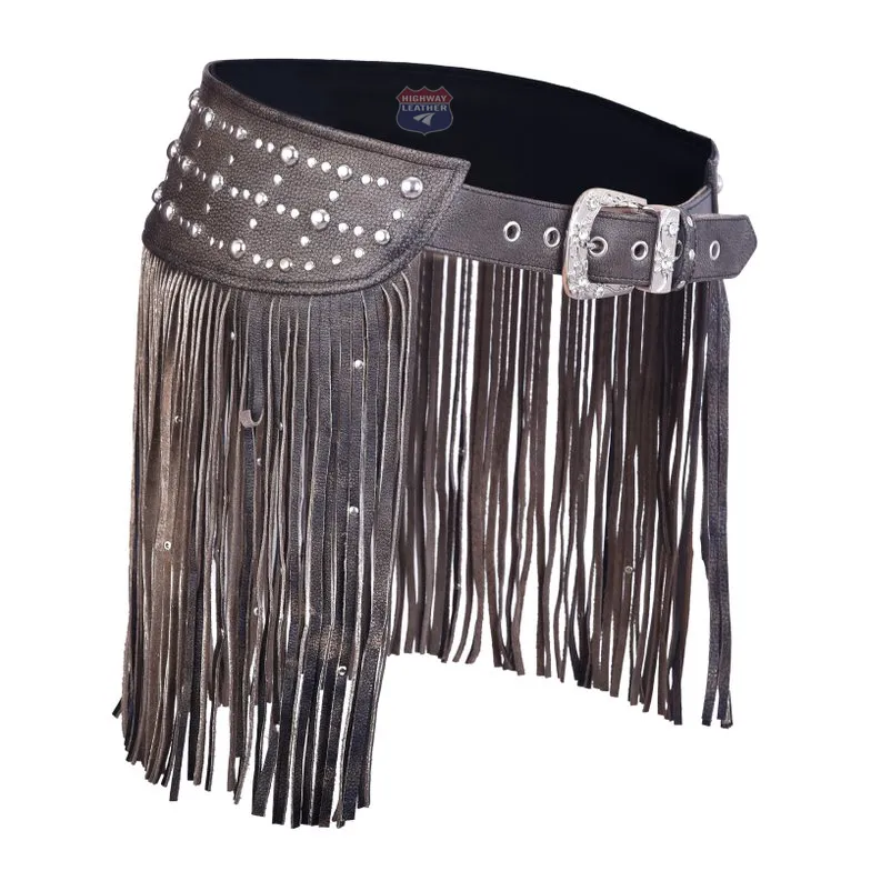 PL90260FRINGE Women Leather Tassel Hip Belt for Vintage BROWN Western Design Waist Belt