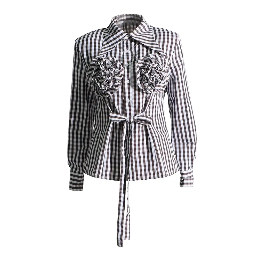 Plaid Casual Blouses For Women Lapel Long Sleeve Tunic Patchwork Floral Elegant Shirts Female Fashion Clothing