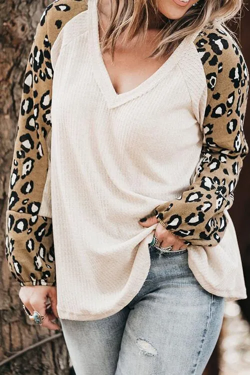 Plus Size Leopard V-Neck Raglan Sleeve Blouse