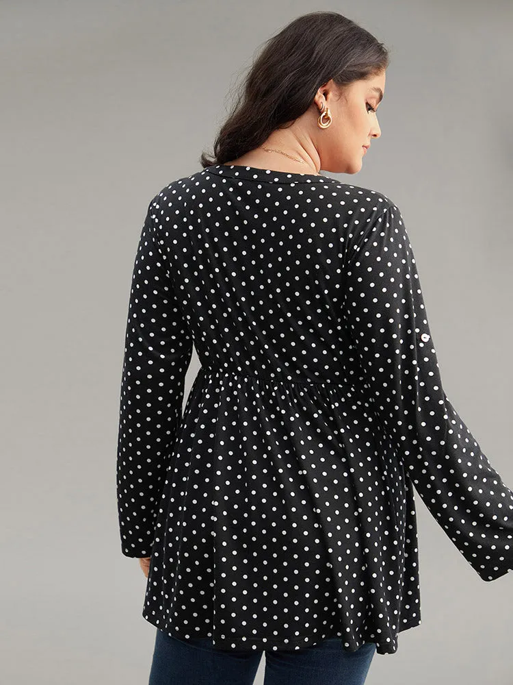 Polka Dot Button Detail Notched T-shirt