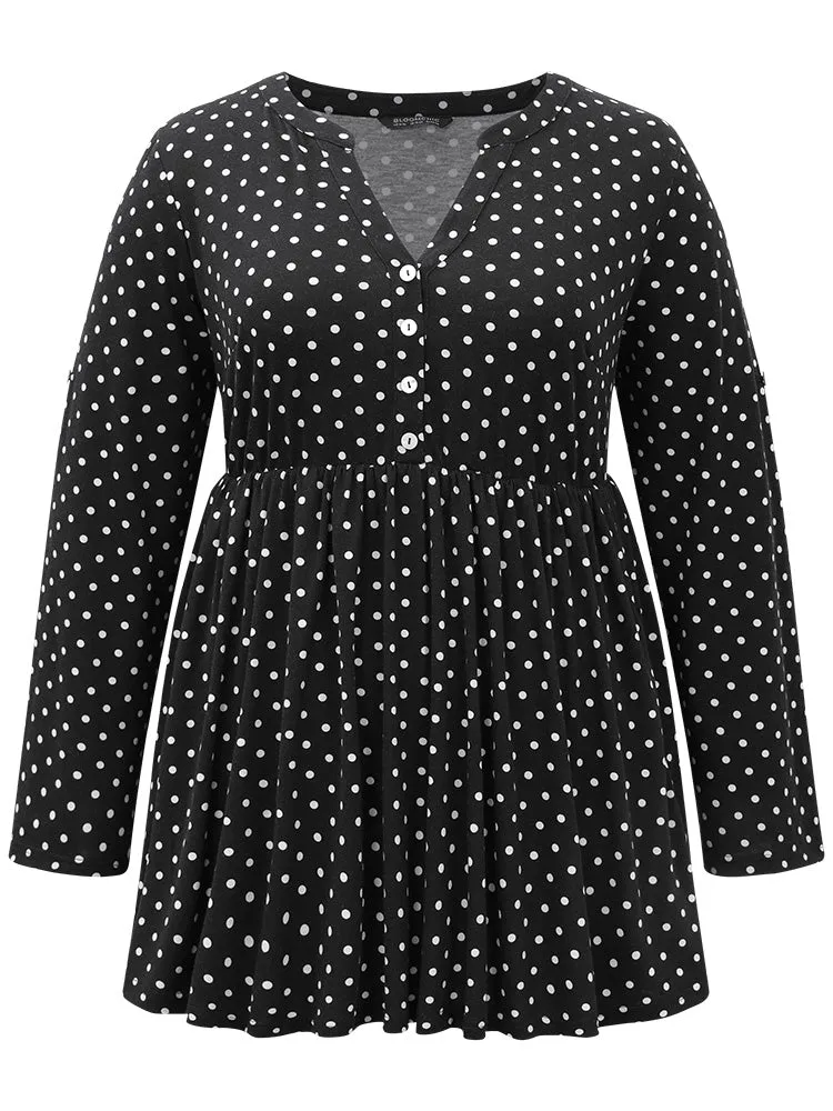 Polka Dot Button Detail Notched T-shirt