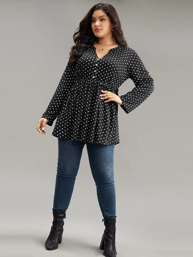 Polka Dot Button Detail Notched T-shirt