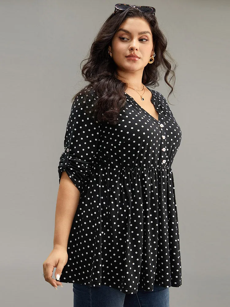 Polka Dot Button Detail Notched T-shirt