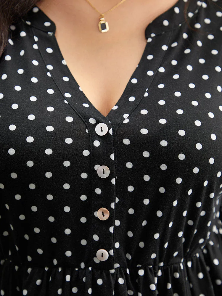 Polka Dot Button Detail Notched T-shirt