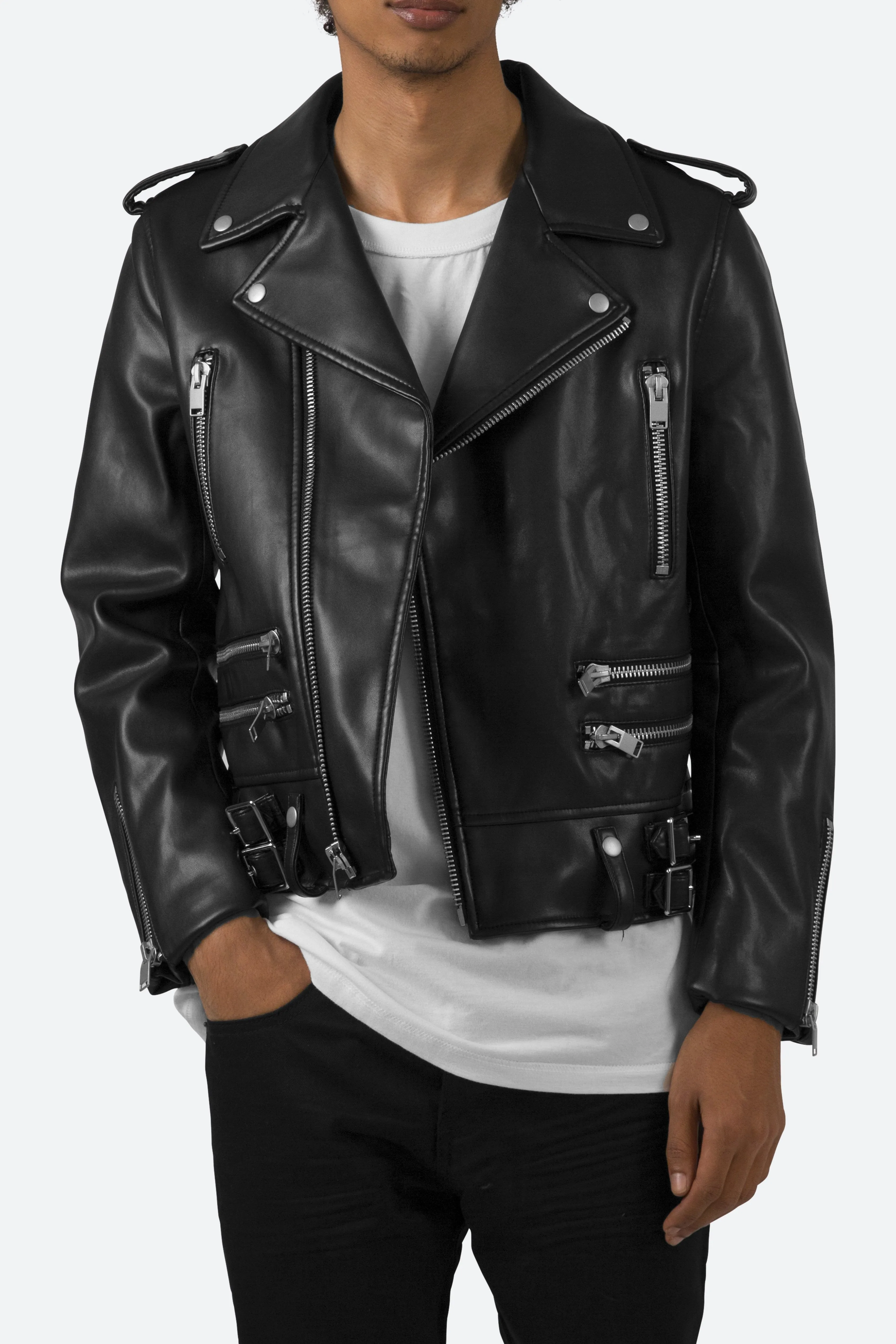 Poly Leather Moto Jacket - Black